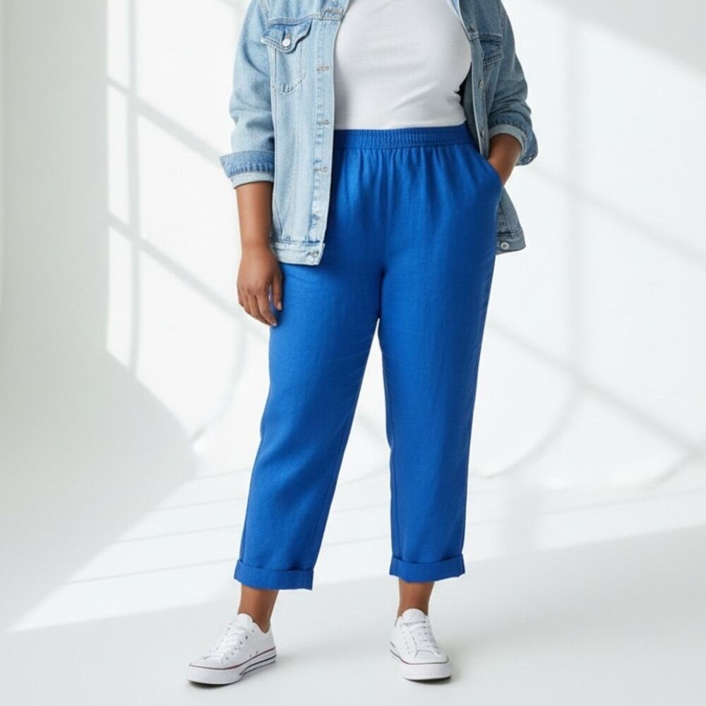 J. Jill Love Linen High Rise Pants Women's Sz 2X Blue Cropped Breathable Beachy